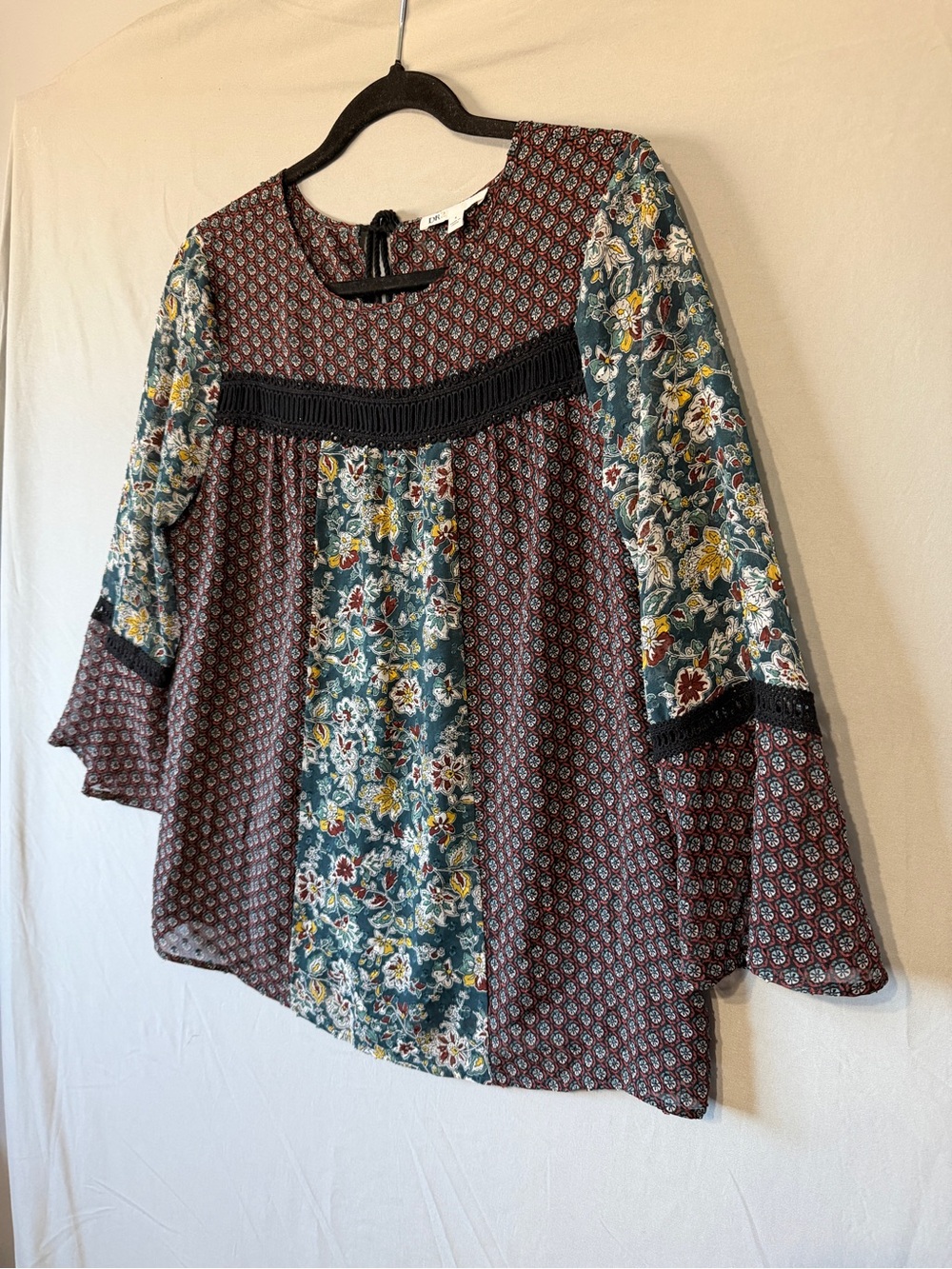 DR2 Womens Boho Mixed Media Floral Blouse S Relaxed Fit Lined Crochet Details - Picture 3 of 10